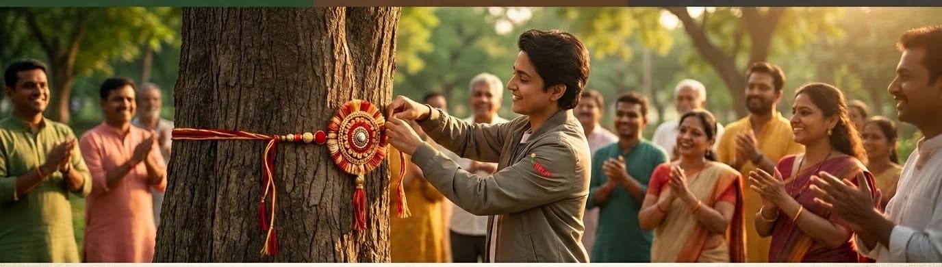 A community tying a ceremonial Rakhi around a tree