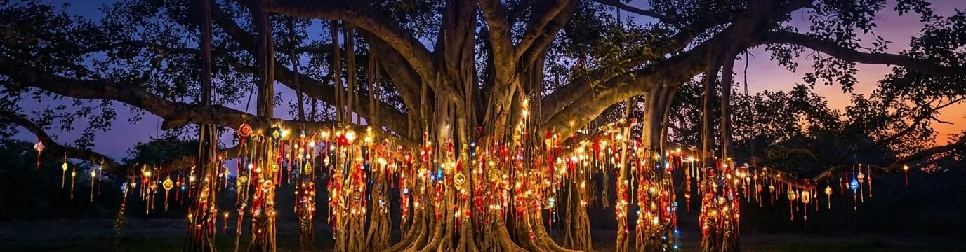 A large tree glowing at dusk with many Rakhi promises