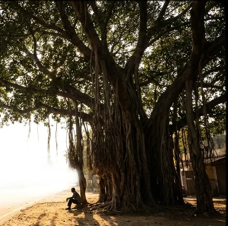 A mature banyan tree sheltering a quiet neighbourhood street